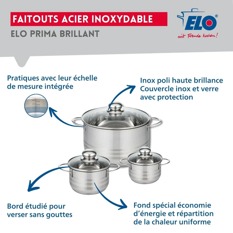 Ensemble de 1 Poêle de cuisson 32 cm et 3 faitouts 12, 14 et 24 cm Elo Profi Brillant