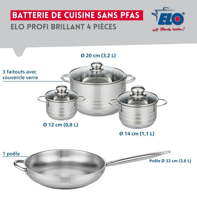 Ensemble de 1 Poêle de cuisson 32 cm et 3 faitouts 12, 14 et 20 cm Elo Profi Brillant