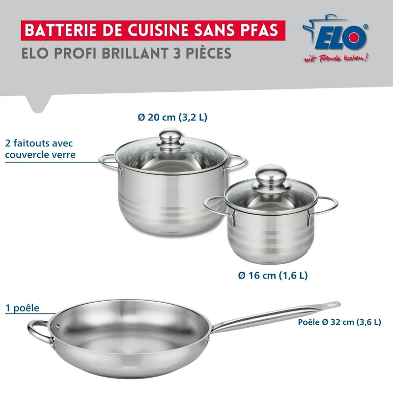 Ensemble de 1 Poêle de cuisson 32 cm et 2 faitouts 16 et 20 cm Elo Profi Brillant