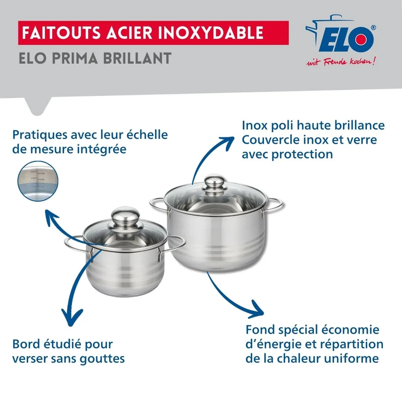 Ensemble de 1 Poêle de cuisson 32 cm et 2 faitouts 16 et 20 cm Elo Profi Brillant
