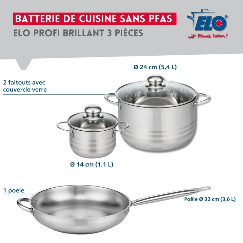 Ensemble de 1 Poêle de cuisson 32 cm et 2 faitouts 14 et 24 cm Elo Profi Brillant