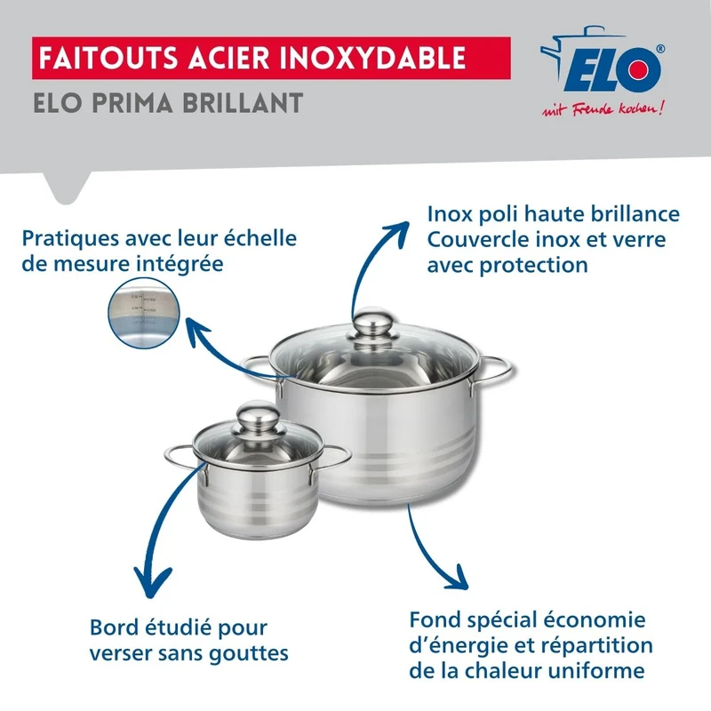 Ensemble de 1 Poêle de cuisson 32 cm et 2 faitouts 14 et 24 cm Elo Profi Brillant