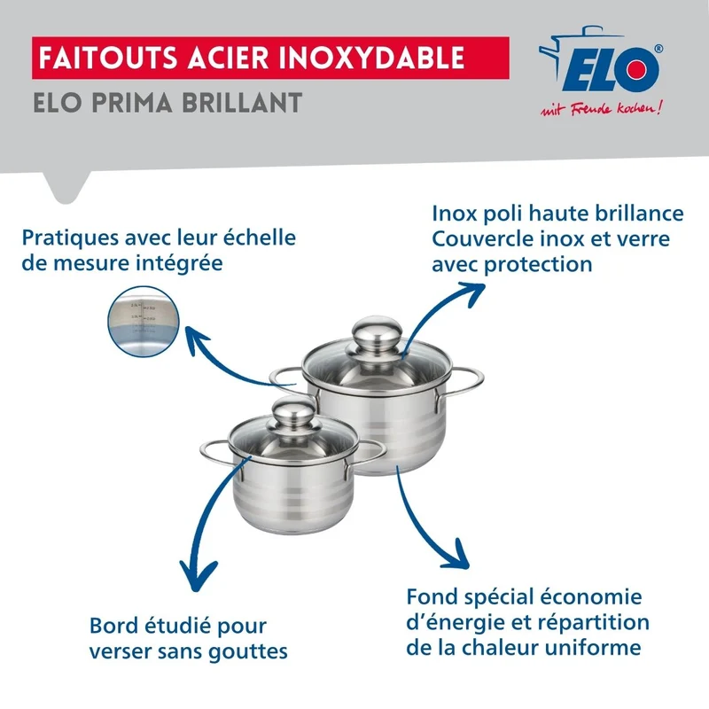 Ensemble de 1 Poêle de cuisson 32 cm et 2 faitouts 14 et 16 cm Elo Profi Brillant