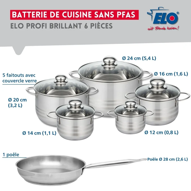 Ensemble de 1 Poêle de cuisson 28 cm et 5 faitouts 12, 14, 16, 20 et 24 cm Elo Profi Brillant