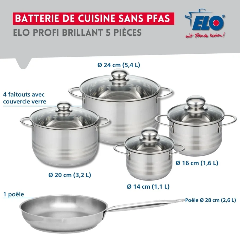 Ensemble de 1 Poêle de cuisson 28 cm et 4 faitouts 14, 16, 20 et 24 cm Elo Profi Brillant
