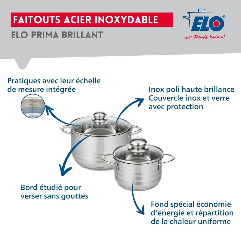 Ensemble de 1 Poêle de cuisson 28 cm et 2 faitouts 14 et 20 cm Elo Profi Brillant