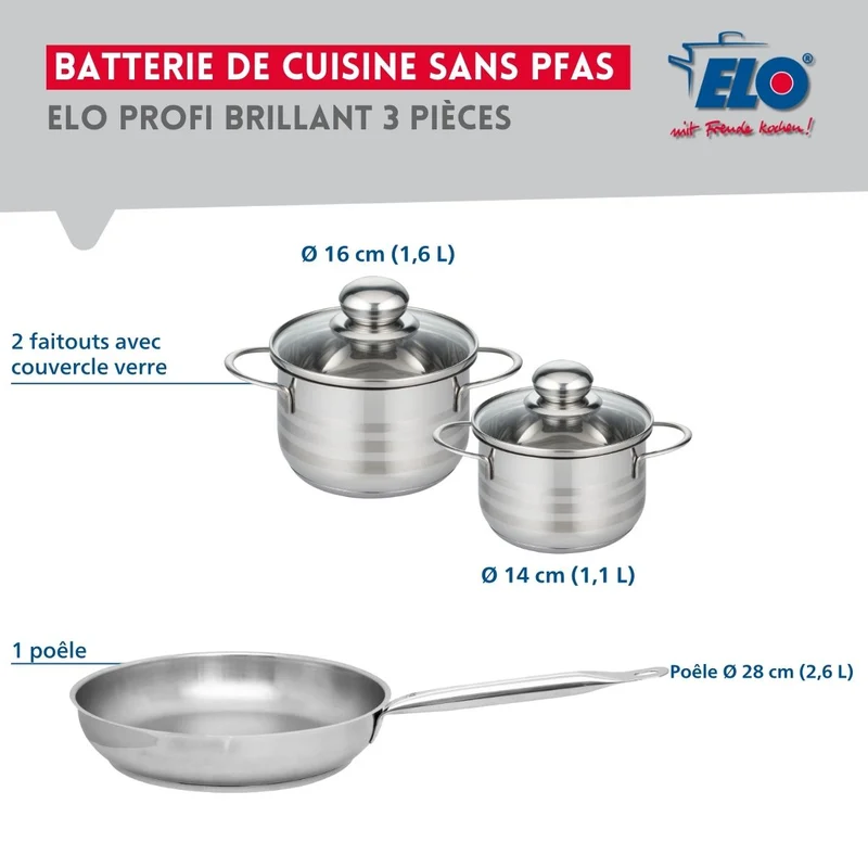 Ensemble de 1 Poêle de cuisson 28 cm et 2 faitouts 14 et 16 cm Elo Profi Brillant