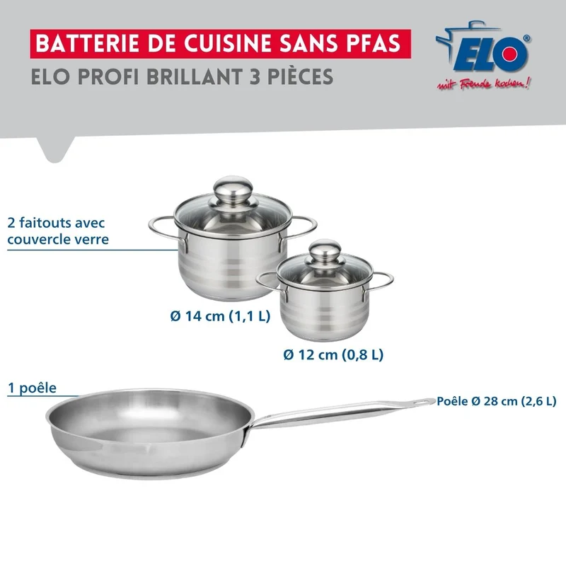 Ensemble de 1 Poêle de cuisson 28 cm et 2 faitouts 12 et 14 cm Elo Profi Brillant