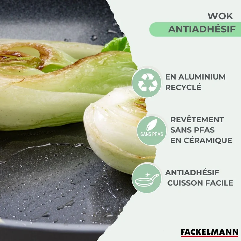 Wok 28 cm aluminium revêtement céramique antiadhésif sans PFAS Fackelmann Brandao
