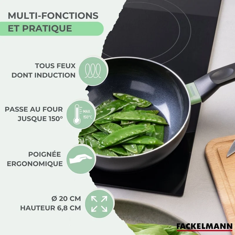 Wok 20 cm aluminium revêtement céramique antiadhésif sans PFAS Fackelmann Brandao