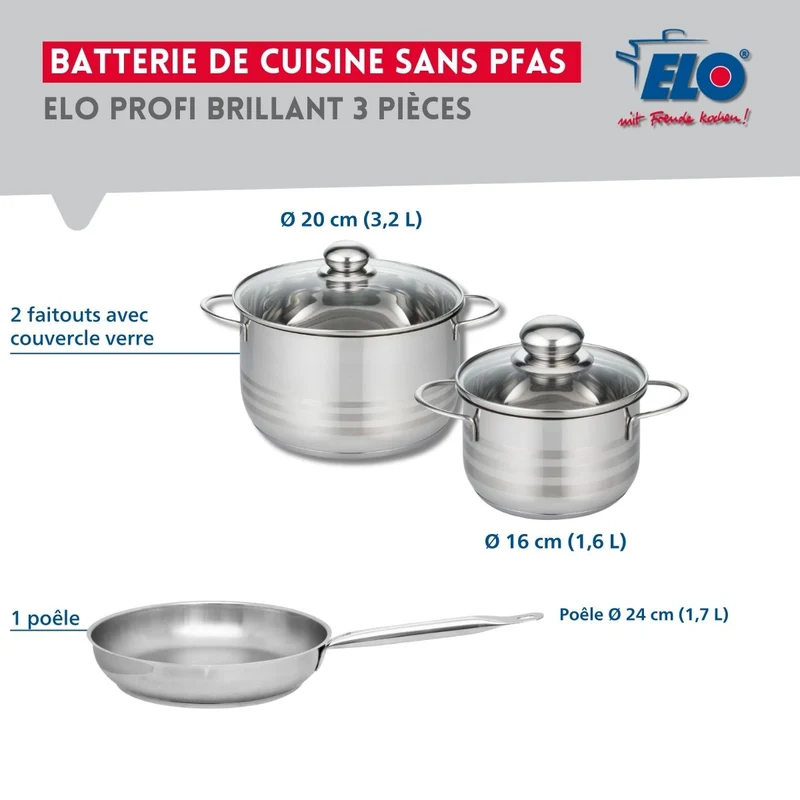 Ensemble de 1 Poêle de cuisson 24 cm et 2 faitouts 16 et 20 cm Elo Profi Brillant