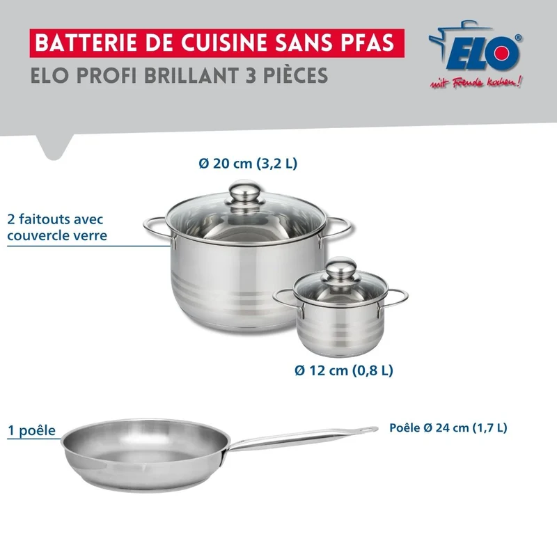 Ensemble de 1 Poêle de cuisson 24 cm et 2 faitouts 12 et 20 cm Elo Profi Brillant