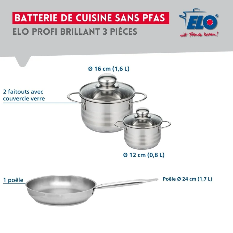 Ensemble de 1 Poêle de cuisson 24 cm et 2 faitouts 12 et 16 cm Elo Profi Brillant
