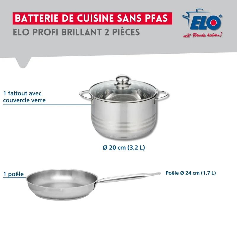 Ensemble de 1 Poêle de cuisson 24 cm et 1 faitout 20 cm Elo Profi Brillant