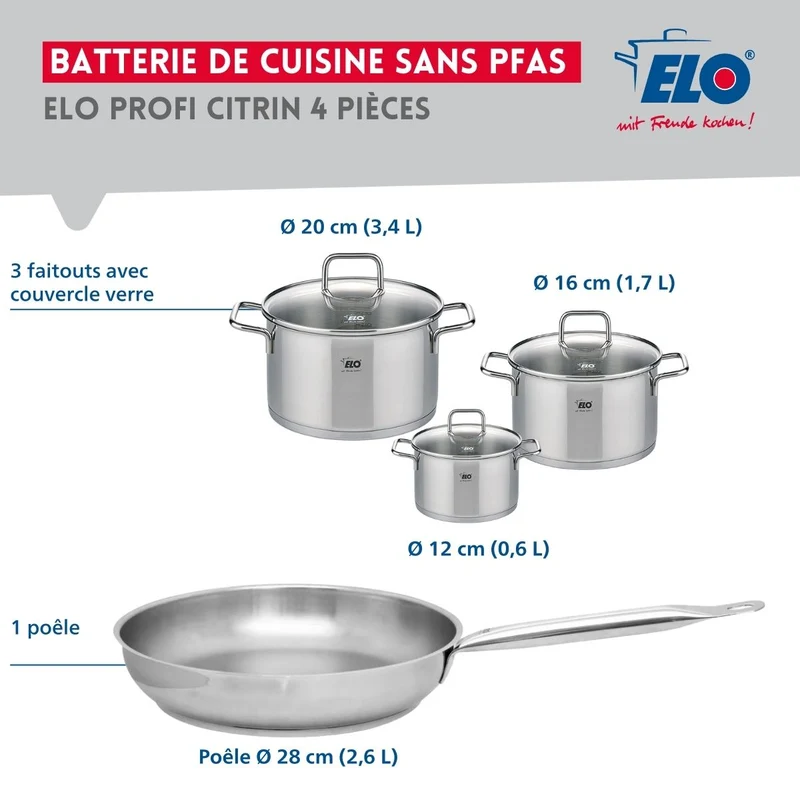 Ensemble de 1 Poêle de cuisson 28 cm et 3 faitouts 12, 16 et 20 cm Elo Profi Citrin