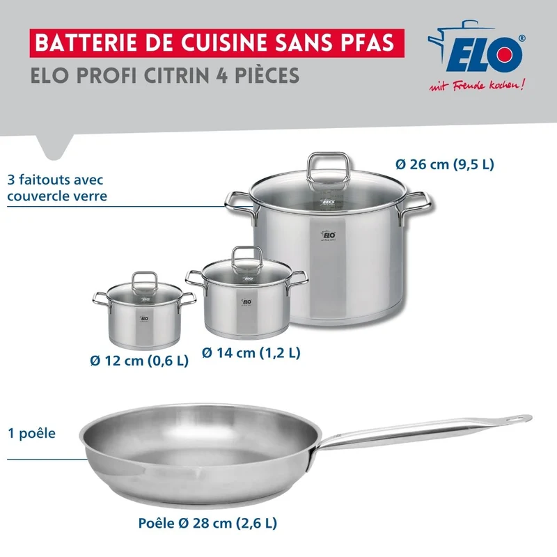 Ensemble de 1 Poêle de cuisson 28 cm et 3 faitouts 12, 14 et 26 cm Elo Profi Citrin