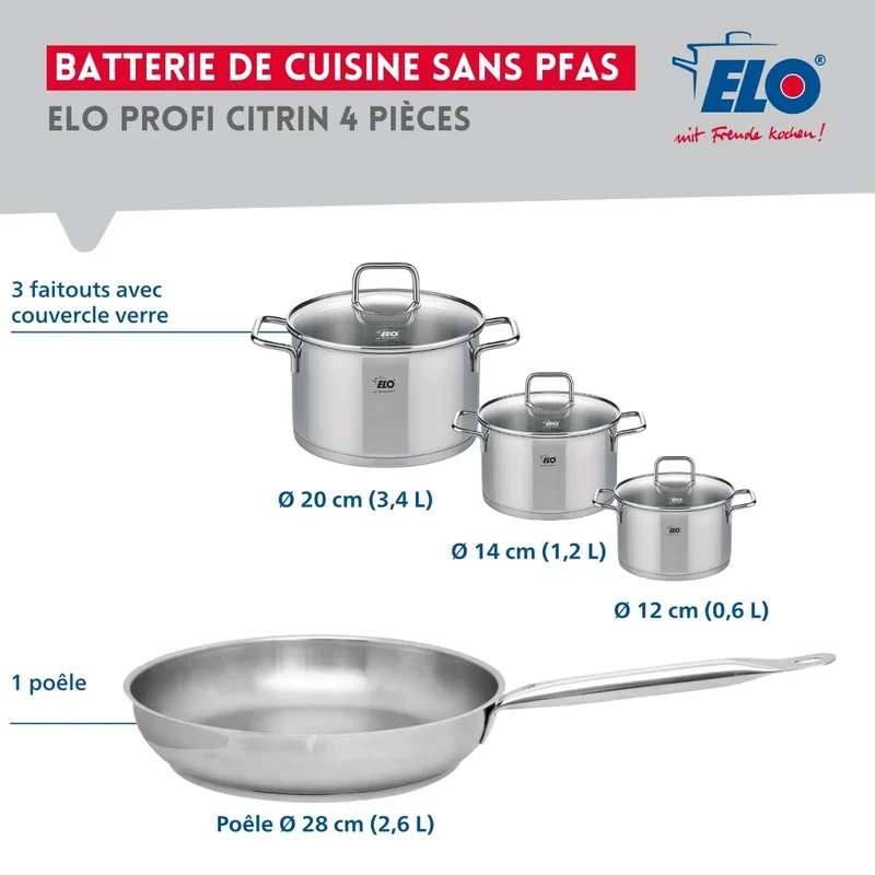 Ensemble de 1 Poêle de cuisson 28 cm et 3 faitouts 12, 14 et 20 cm Elo Profi Citrin