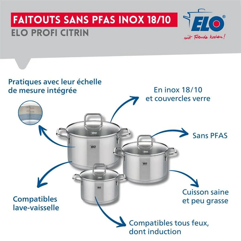 Ensemble de 1 Poêle de cuisson 28 cm et 3 faitouts 12, 14 et 20 cm Elo Profi Citrin