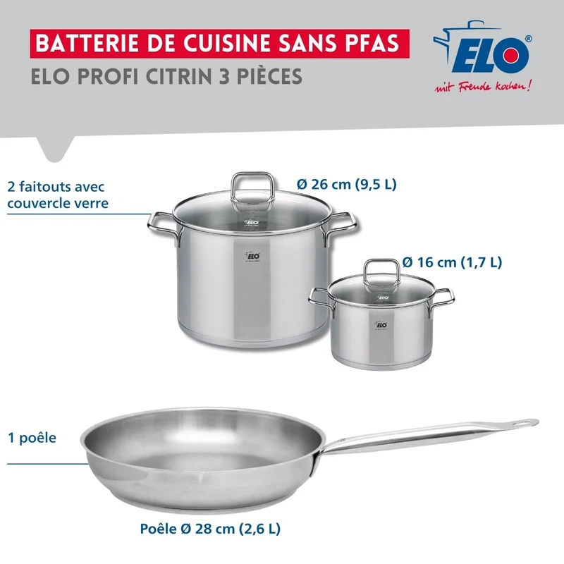 Ensemble de 1 Poêle de cuisson 28 cm et 2 faitouts 16 et 26 cm Elo Profi Citrin
