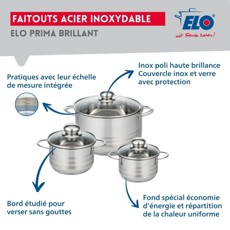 Ensemble de 4 Poêles de cuisson 20, 24, 28 et 32 cm et 3 faitouts 14, 16 et 24 cm Elo Prima Brillant