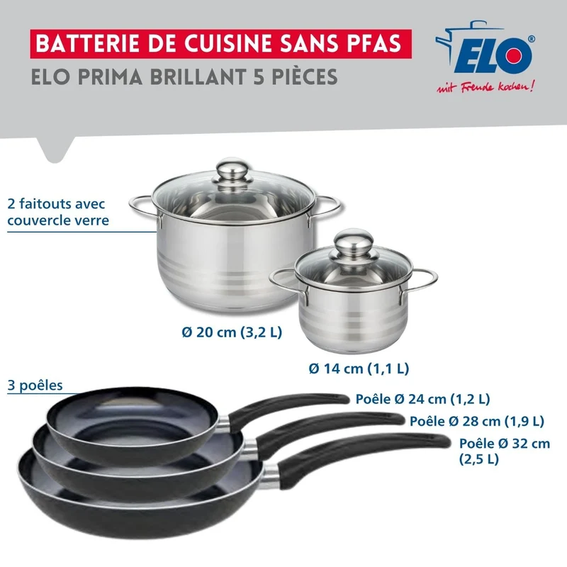 Ensemble de 3 Poêles de cuisson 24, 28 et 32 cm et 2 faitouts 14 et 20 cm Elo Prima Brillant