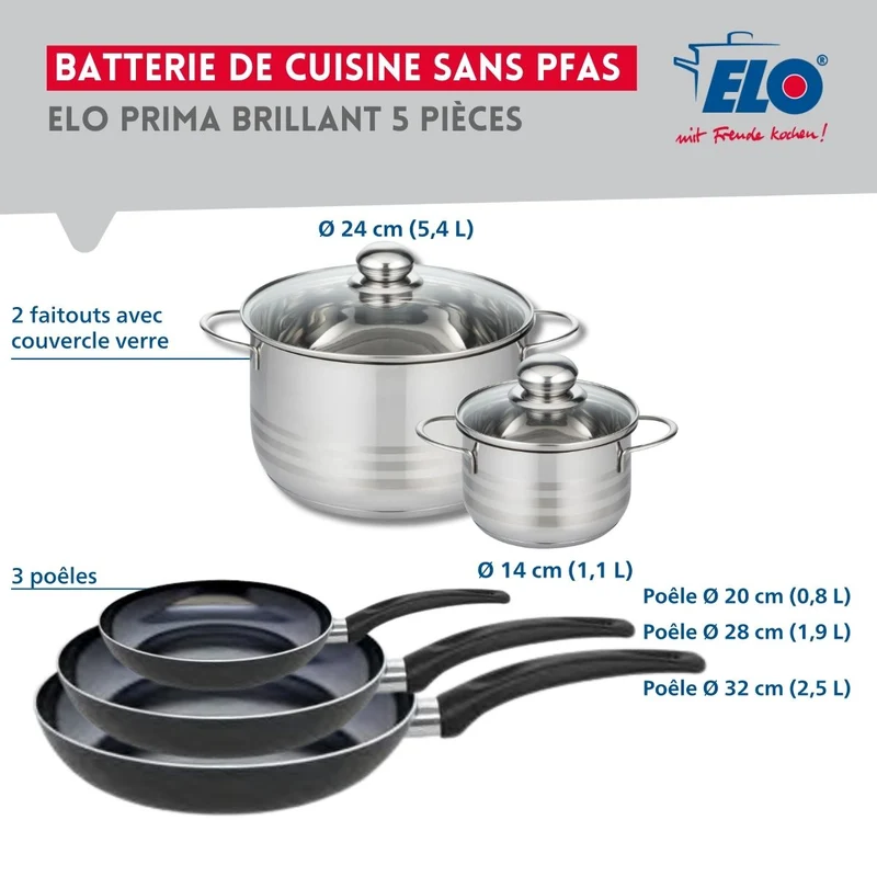 Ensemble de 3 Poêles de cuisson 20, 28 et 32 cm et 2 faitouts 14 et 24 cm Elo Prima Brillant