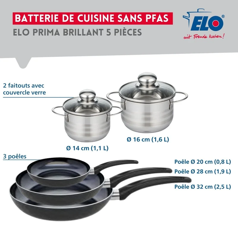 Ensemble de 3 Poêles de cuisson 20, 28 et 32 cm et 2 faitouts 14 et 16 cm Elo Prima Brillant