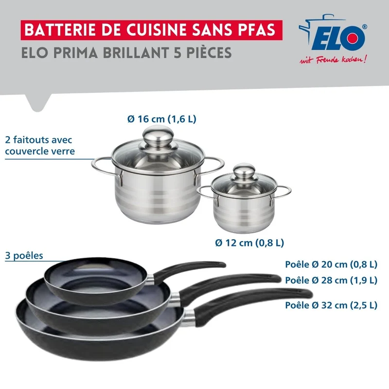 Ensemble de 3 Poêles de cuisson 20, 28 et 32 cm et 2 faitouts 12 et 16 cm Elo Prima Brillant