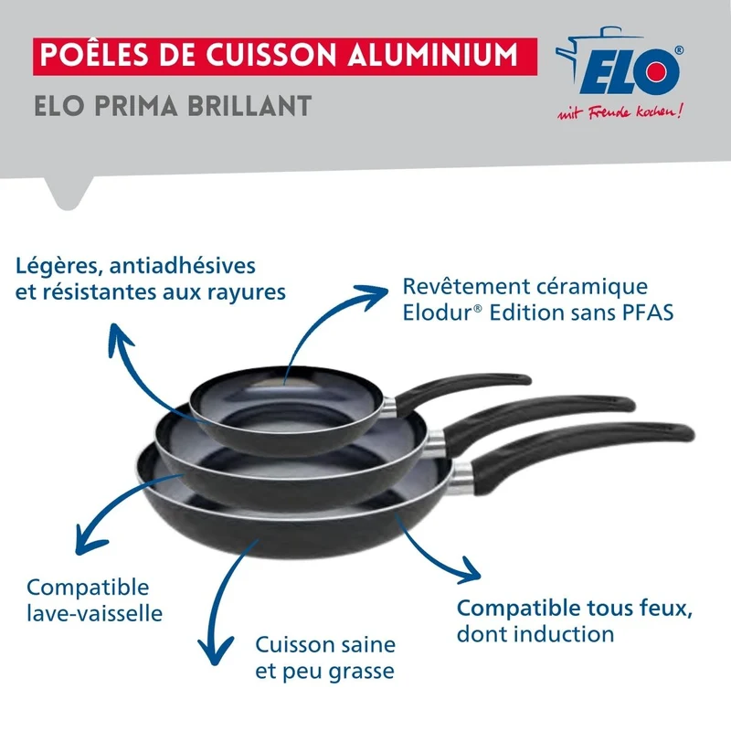 Ensemble de 3 Poêles de cuisson 20, 28 et 32 cm et 2 faitouts 12 et 14 cm Elo Prima Brillant