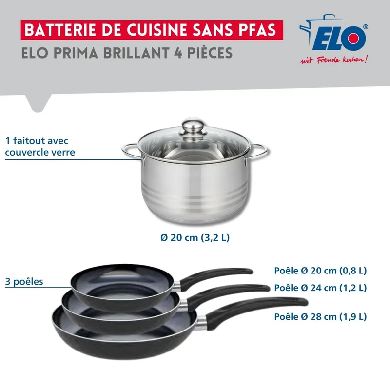 Ensemble de 3 Poêles de cuisson 20, 24 et 28 cm et 1 faitout 20 cm Elo Prima Brillant