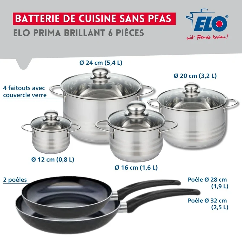 Ensemble de 2 Poêles de cuisson 28 et 32 cm et 4 faitouts 12, 16, 20 et 24 cm Elo Prima Brillant