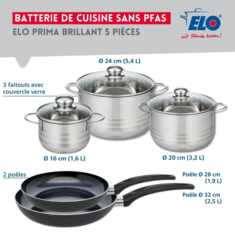 Ensemble de 2 Poêles de cuisson 28 et 32 cm et 3 faitouts 16, 20 et 24 cm Elo Prima Brillant
