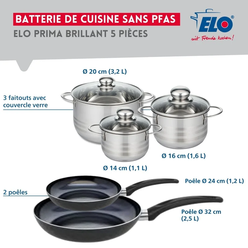 Ensemble de 2 Poêles de cuisson 24 et 32 cm et 3 faitouts 14, 16 et 20 cm Elo Prima Brillant