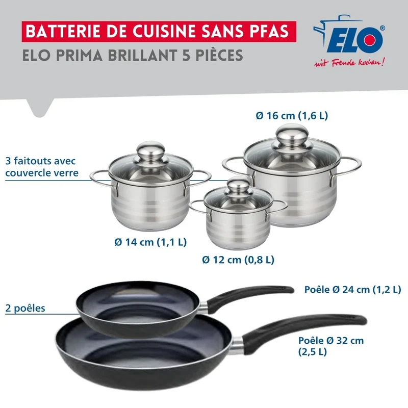 Ensemble de 2 Poêles de cuisson 24 et 32 cm et 3 faitouts 12, 14 et 16 cm Elo Prima Brillant