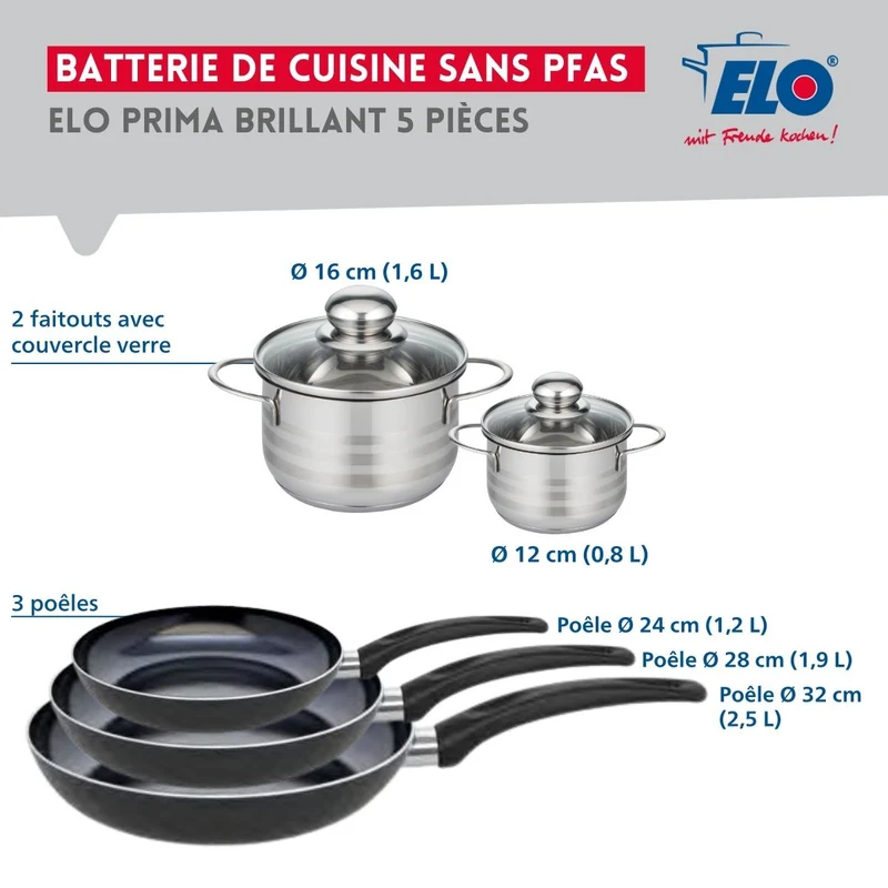 Ensemble de 3 Poêles de cuisson 24, 28 et 32 cm et 2 faitouts 12 et 16 cm Elo Prima Brillant