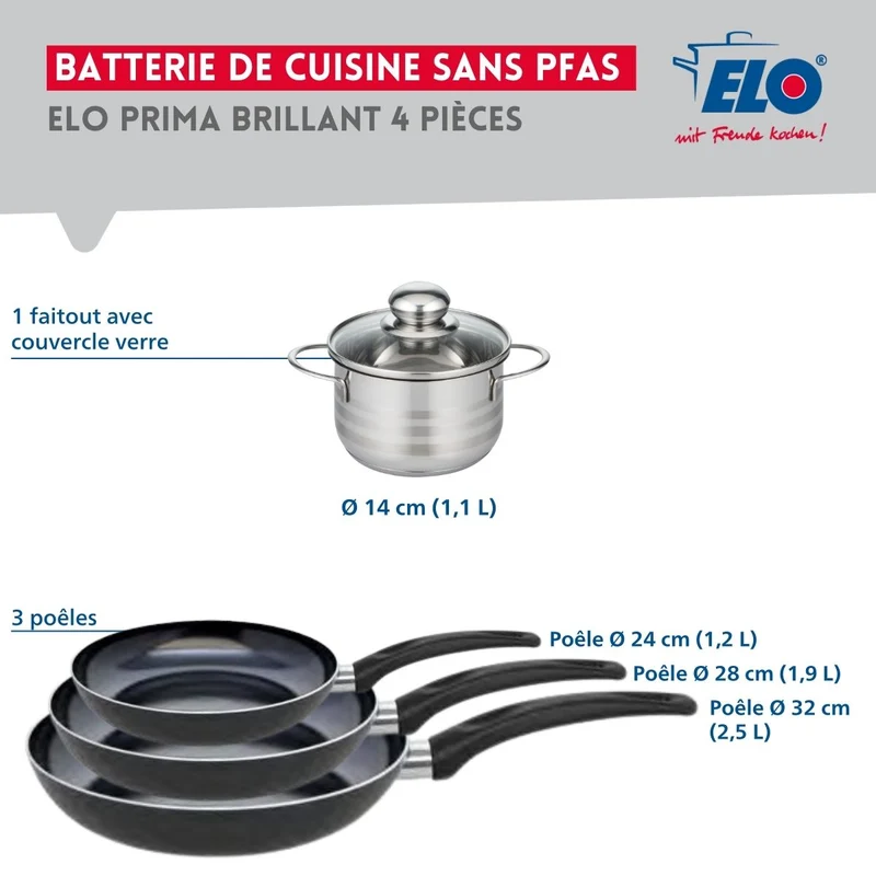 Ensemble de 3 Poêles de cuisson 24, 28 et 32 cm et 1 faitout 14 cm Elo Prima Brillant