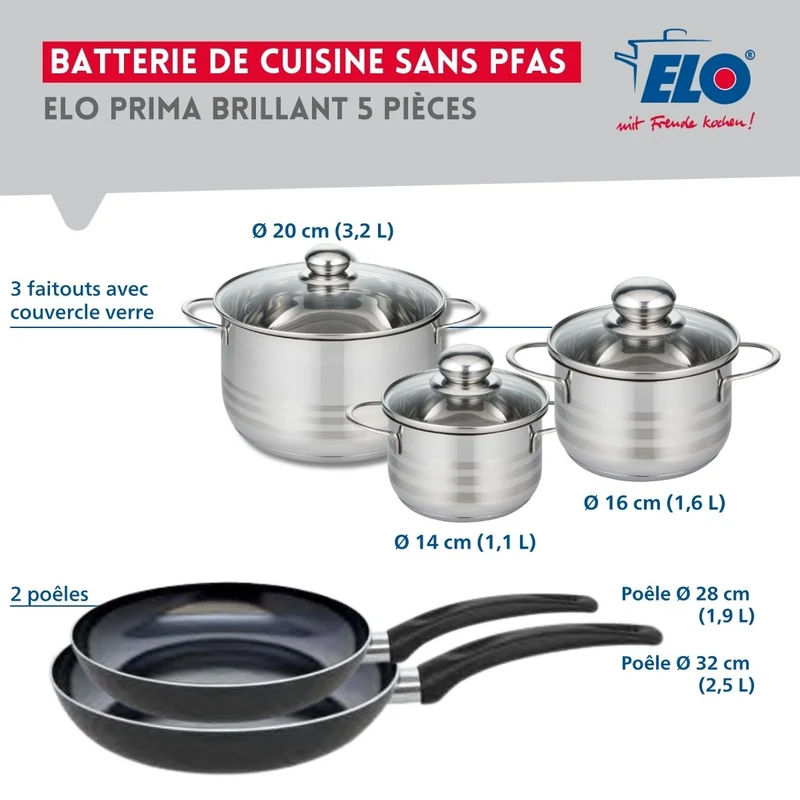 Ensemble de 2 Poêles de cuisson 28 et 32 cm et 3 faitouts 14, 16 et 20 cm Elo Prima Brillant
