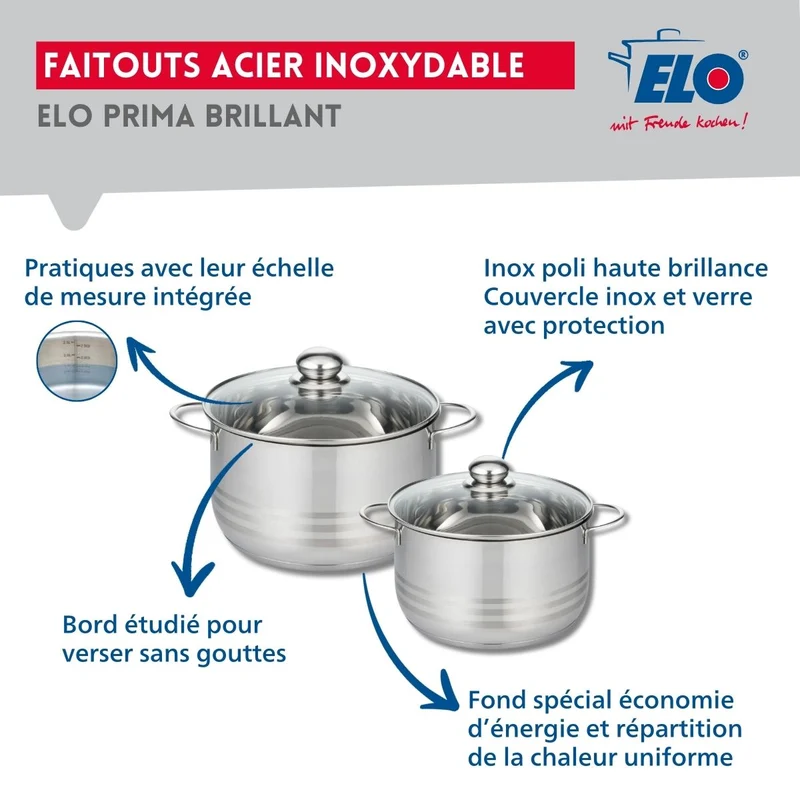 Ensemble de 2 Poêles de cuisson 28 et 32 cm et 2 faitouts 20 et 24 cm Elo Prima Brillant