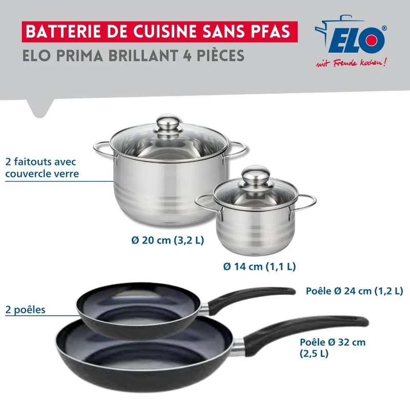 Ensemble de 2 Poêles de cuisson 24 et 32 cm et 2 faitouts 14 et 20 cm Elo Prima Brillant