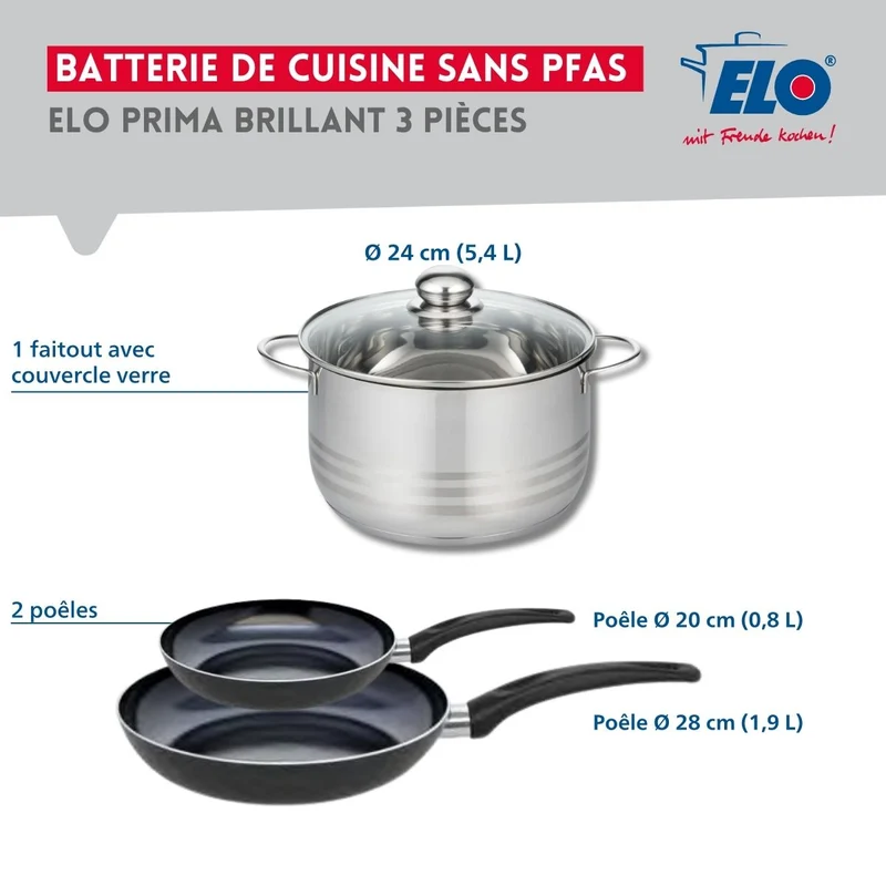 Ensemble de 2 Poêles de cuisson 20 et 28 cm et 1 faitout 24 cm Elo Prima Brillant