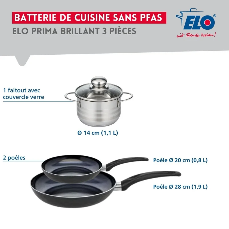 Ensemble de 2 Poêles de cuisson 20 et 28 cm et 1 faitout 14 cm Elo Prima Brillant