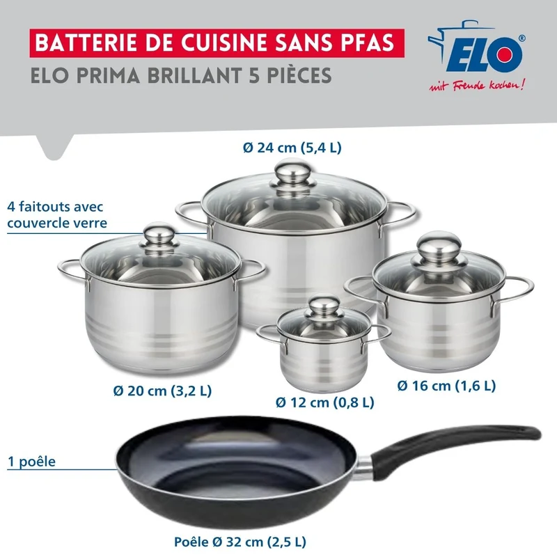 Ensemble de 1 Poêle de cuisson 32 cm et 4 faitouts 12, 16, 20 et 24 cm Elo Prima Brillant