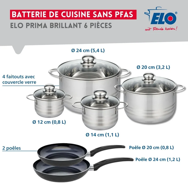 Ensemble de 2 Poêles de cuisson 20 et 24 cm et 4 faitouts 12, 14, 20 et 24 cm Elo Prima Brillant