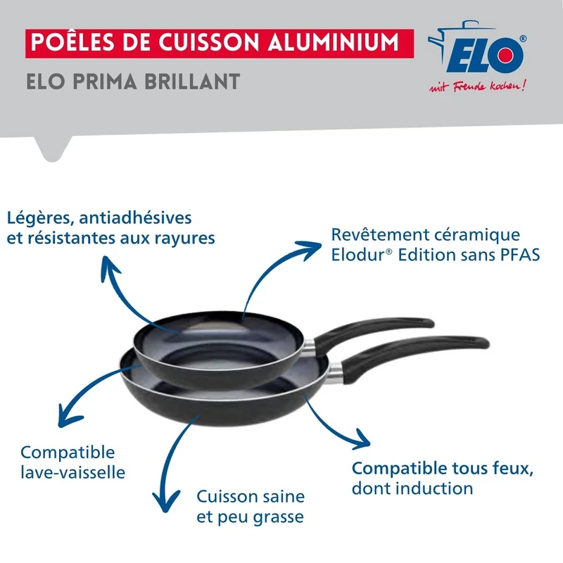 Ensemble de 2 Poêles de cuisson 24 et 28 cm et 3 faitouts 12, 16 et 24 cm Elo Prima Brillant