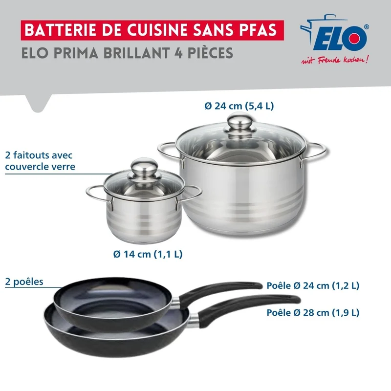 Ensemble de 2 Poêles de cuisson 24 et 28 cm et 2 faitouts 14 et 24 cm Elo Prima Brillant