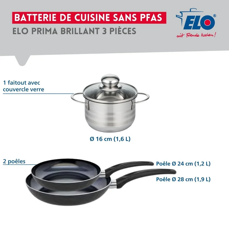 Ensemble de 2 Poêles de cuisson 24 et 28 cm et 1 faitout 16 cm Elo Prima Brillant