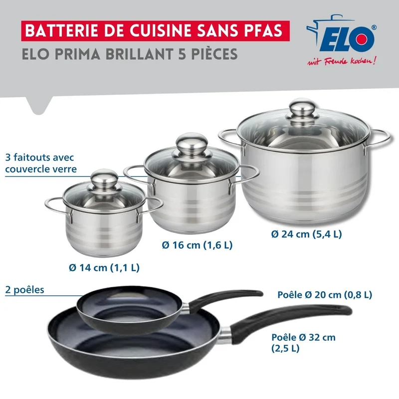 Ensemble de 2 Poêles de cuisson 20 et 32 cm et 3 faitouts 14, 16 et 24 cm Elo Prima Brillant
