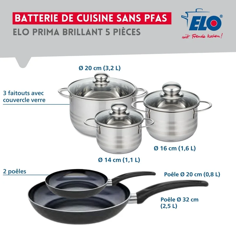Ensemble de 2 Poêles de cuisson 20 et 32 cm et 3 faitouts 14, 16 et 20 cm Elo Prima Brillant