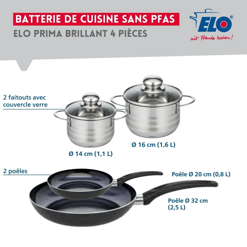 Ensemble de 2 Poêles de cuisson 20 et 32 cm et 2 faitouts 14 et 16 cm Elo Prima Brillant