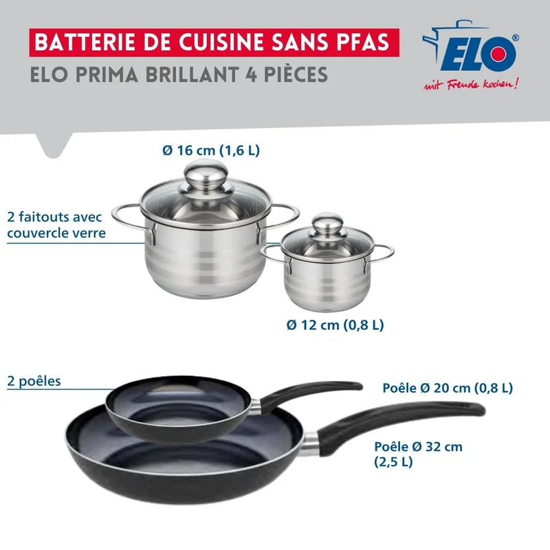 Ensemble de 2 Poêles de cuisson 20 et 32 cm et 2 faitouts 12 et 16 cm Elo Prima Brillant